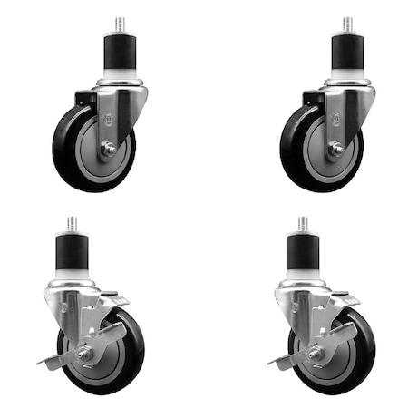 Service Caster 4'' Black Poly Wheel Swivel 1-7/8'' Expanding Stem Caster Set 2 Brakes, 4PK SCC-EX20S414-PPUB-BLK-2-TLB-2-178